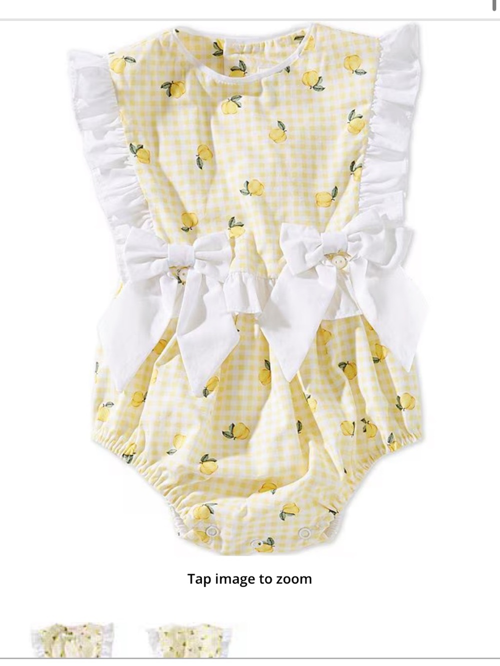 Yellow Lemon Gingham Baby Romper with White Ruffle Bows